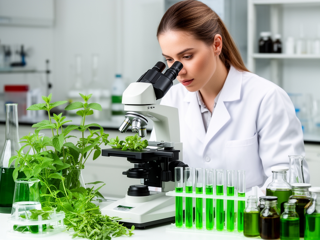 Científica con bata blanca examinando muestras de plantas medicinales en microscopio de laboratorio moderno, tubos de ensayo verdes y extractos en segundo plano, iluminación de laboratorio profesional