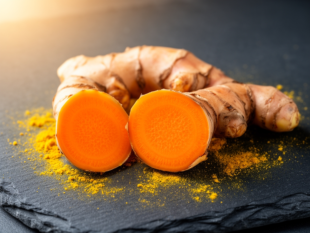Raíces frescas de cúrcuma cortadas transversalmente mostrando su interior naranja intenso, dispuestas sobre piedra pizarra oscura con polvo amarillo esparcido alrededor, luz natural cálida lateral