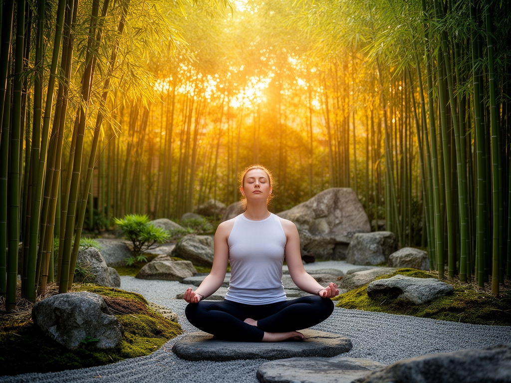 Persona practicando meditación al aire libre en jardín japonés con plantas de bambú y piedras, luz de amanecer dorada filtrándose entre árboles, atmósfera de serenidad y equilibrio natural